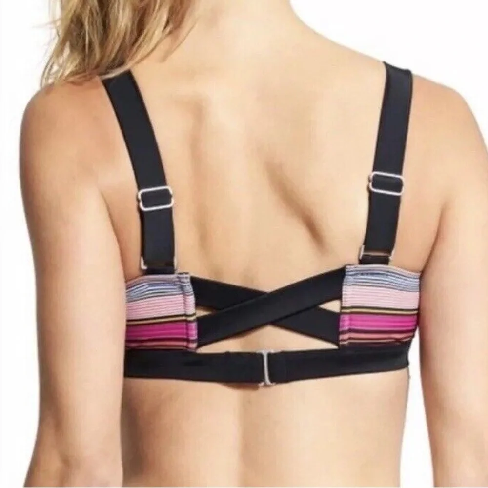 Athleta Capri Stripe Pura Bikini Top Underwire Black Coral Yellow 32B/C Swim